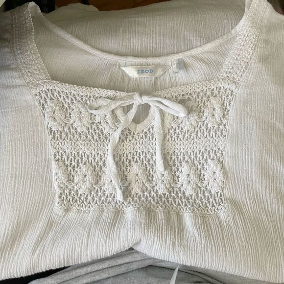 Izod Boho Cotton Crochet Short Sleeve Square Neck Womens Top Size L - Picture 3 of 8
